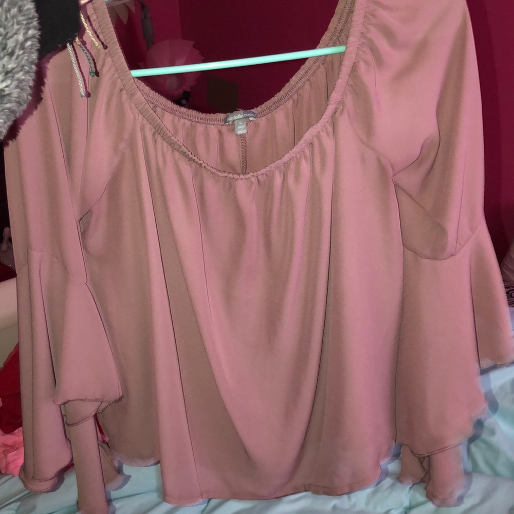 Mauve bell sleeve off the shoulder blouse